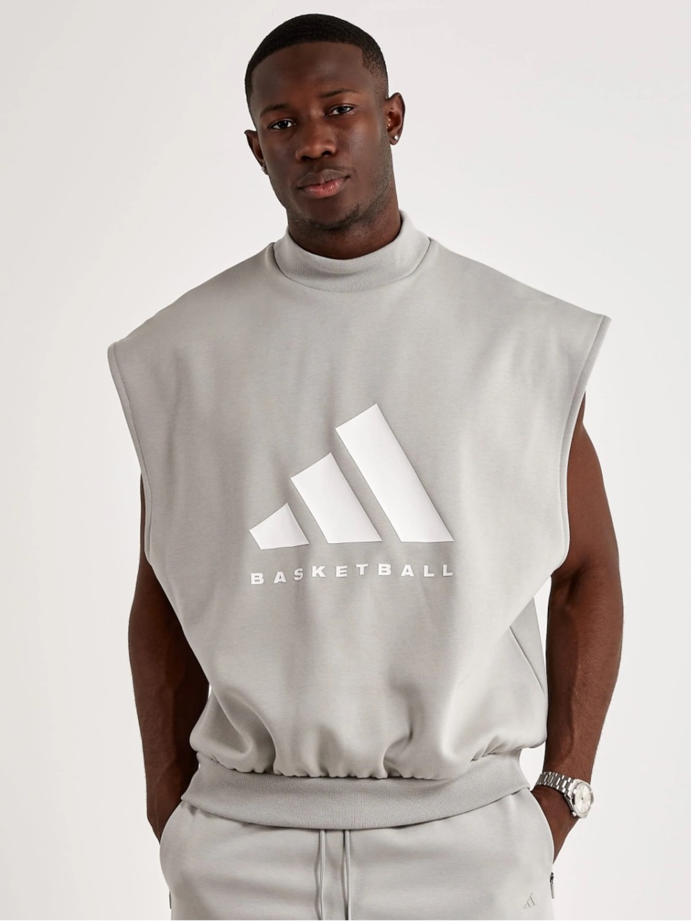 adidas Men’s Crewneck Sleeveless Basketball Sweatshirt — Light Gray